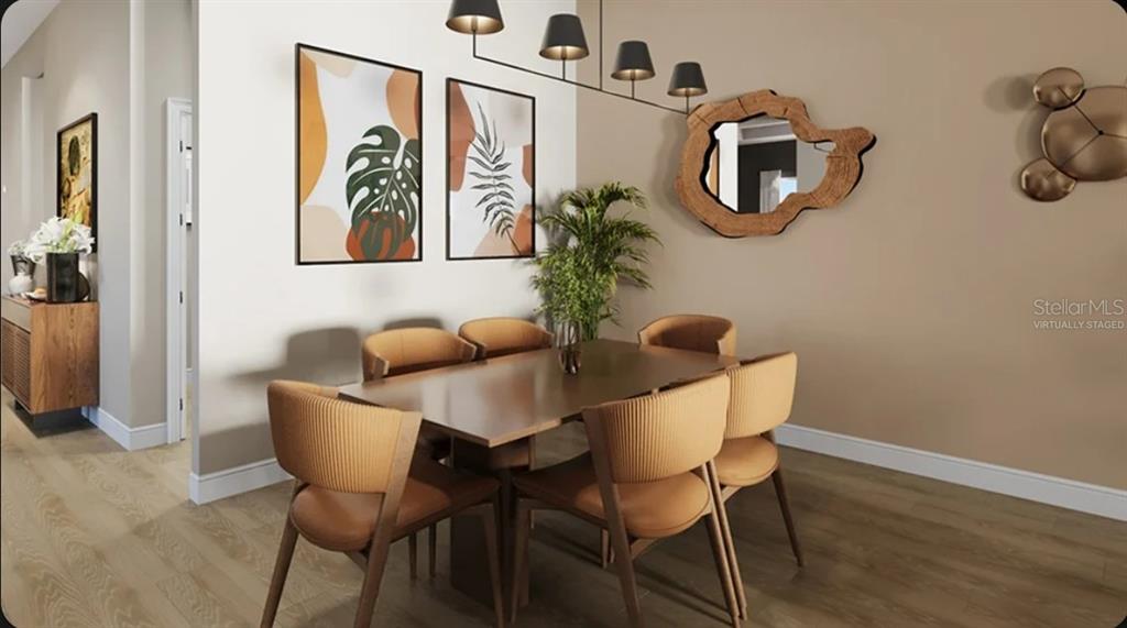 This virtual staging rendering shows a dining room with a wooden table and six chairs — 30247 IMPERATI BOULEVARD, WESLEY CHAPEL, FL