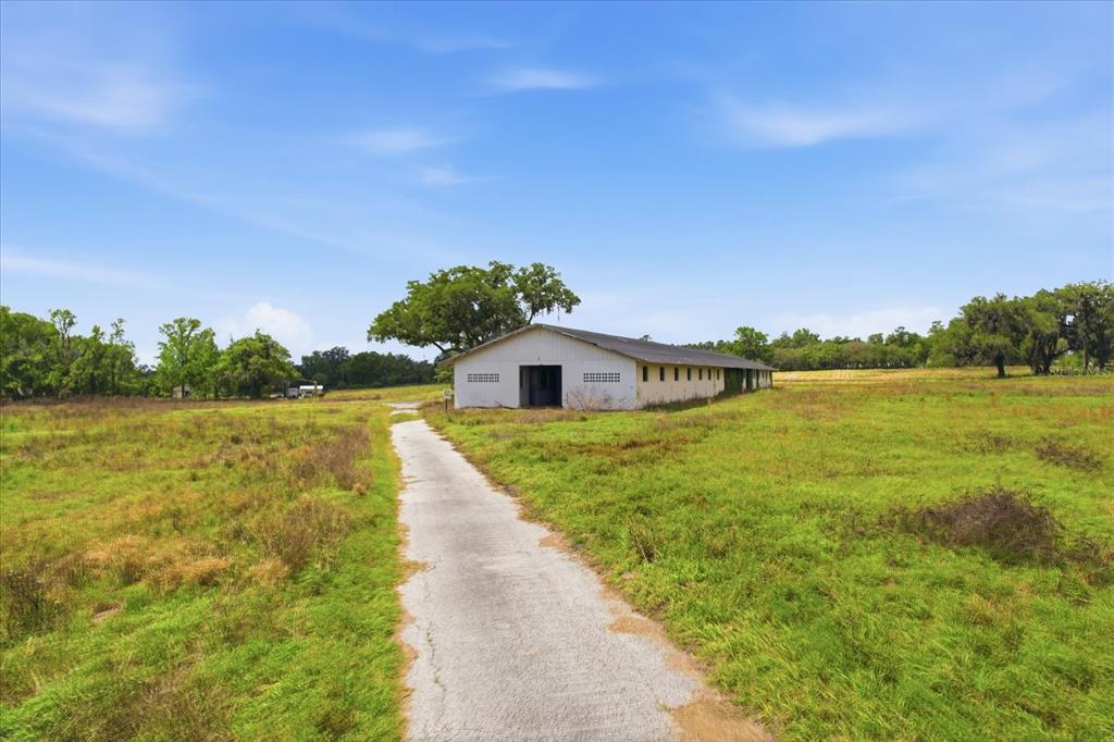 A long, white agricultural building sits in a grassy field at the end of a path — 5465 NW 110TH AVENUE, OCALA, FL