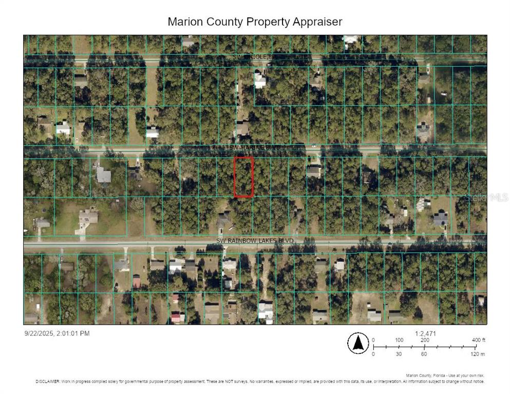 This is a property appraiser map showing a highlighted parcel of land in Florida — 0 SW MARINE BOULEVARD, DUNNELLON, FL