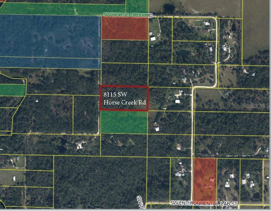 This is an aerial map showing a rectangular property parcel outlined in red — 8115 SW HORSE CREEK ROAD, ARCADIA, FL