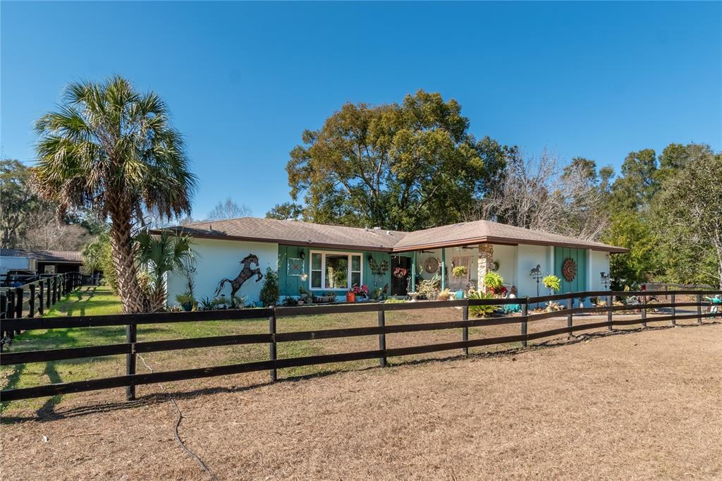 A single-story house with a fenced yard, a palm tree, and a horse silhouette decoration — 26 WOOD RIDGE DRIVE, OCALA, FL