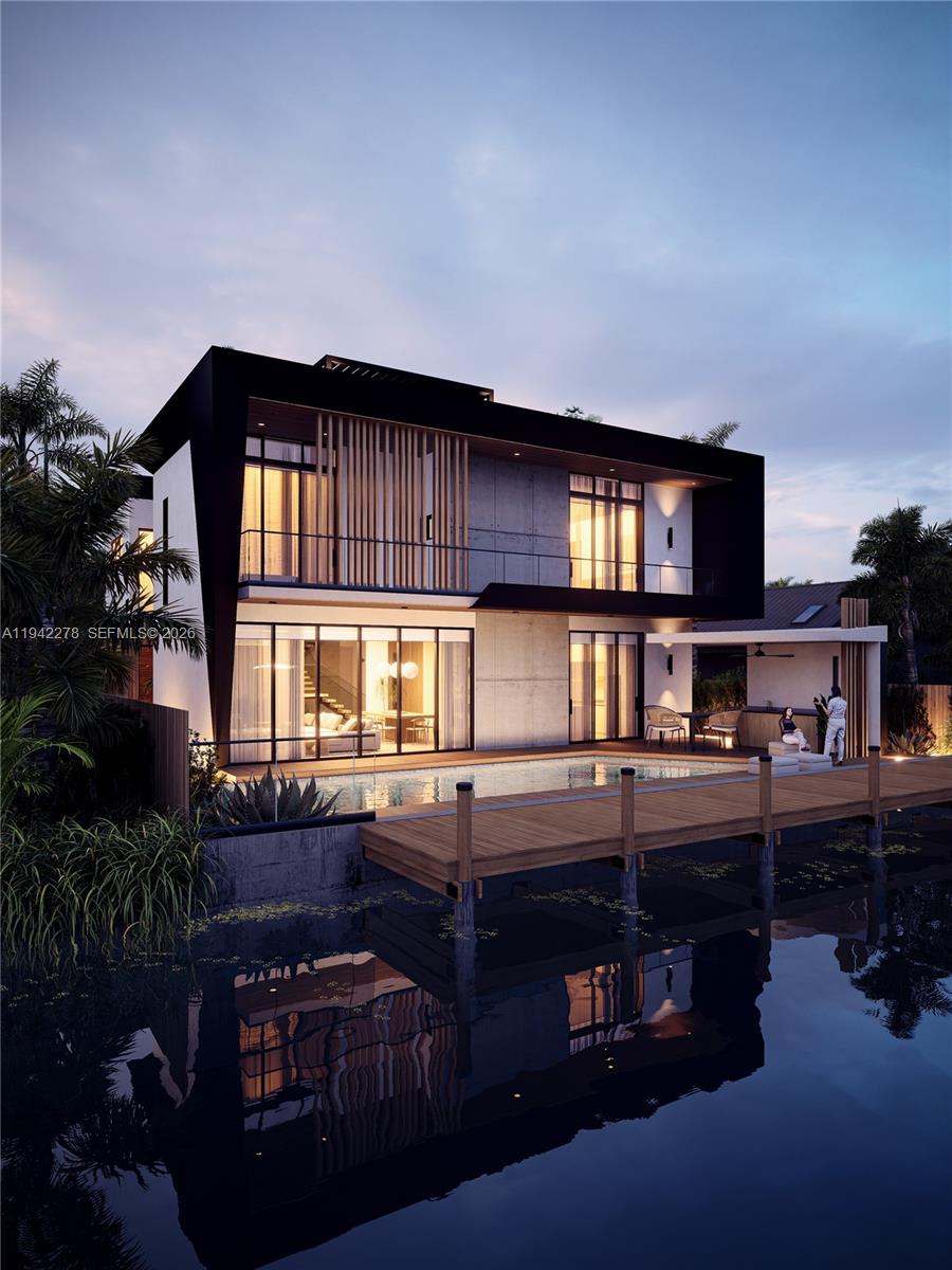 This is a rendering of a modern two-story house with a pool and wooden dock — 2377 SE 15th St, Pompano Beach FL 33062, POMPANO BEACH, FL