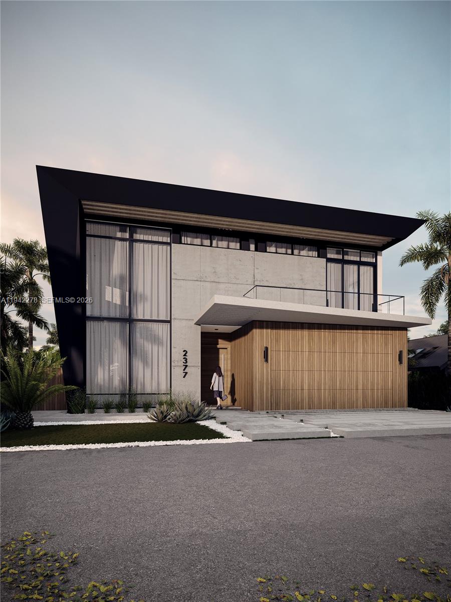 This is a rendering of a modern two-story house with concrete, wood, and black accents — 2377 SE 15th St, Pompano Beach FL 33062, POMPANO BEACH, FL