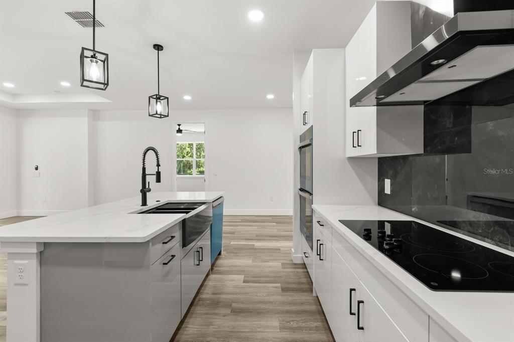 A modern kitchen features white cabinets, a large island with a sink, and stainless appliances — 321 WATER SHORE DRIVE, LEESBURG, FL