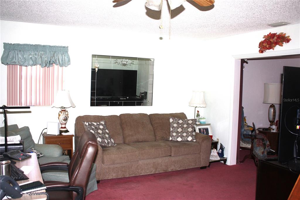 A living room features a brown sofa, red carpeting, a ceiling fan, and a wall mirror — 18 BRISTOL DRIVE, PALM COAST, FL