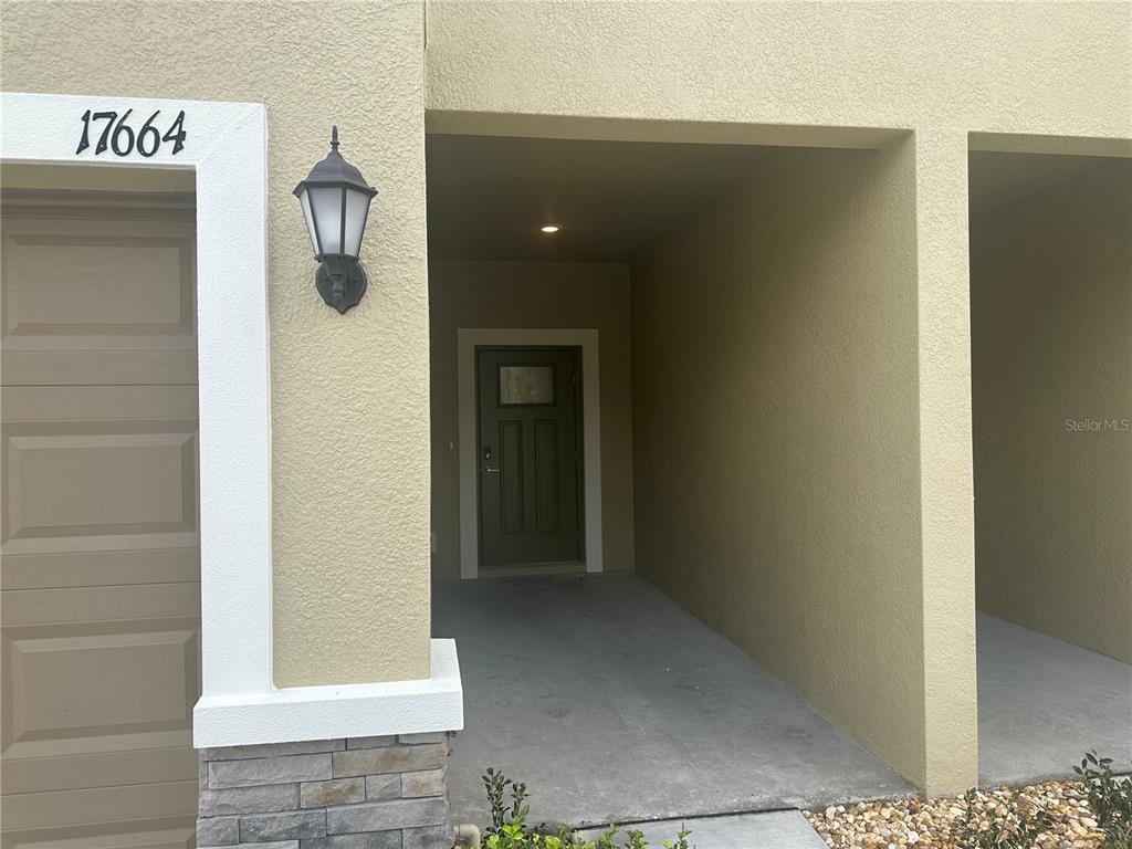 The exterior of a house features a garage, a covered entryway, and a front door — 17664 NECTAR FLUME DRIVE, LAND O LAKES, FL