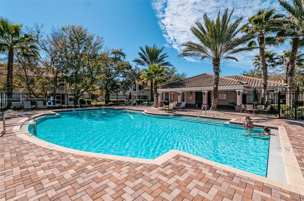 A swimming pool with a brick deck and palm trees sits in front of a building — 889 LANTERN WAY, CLEARWATER, FL