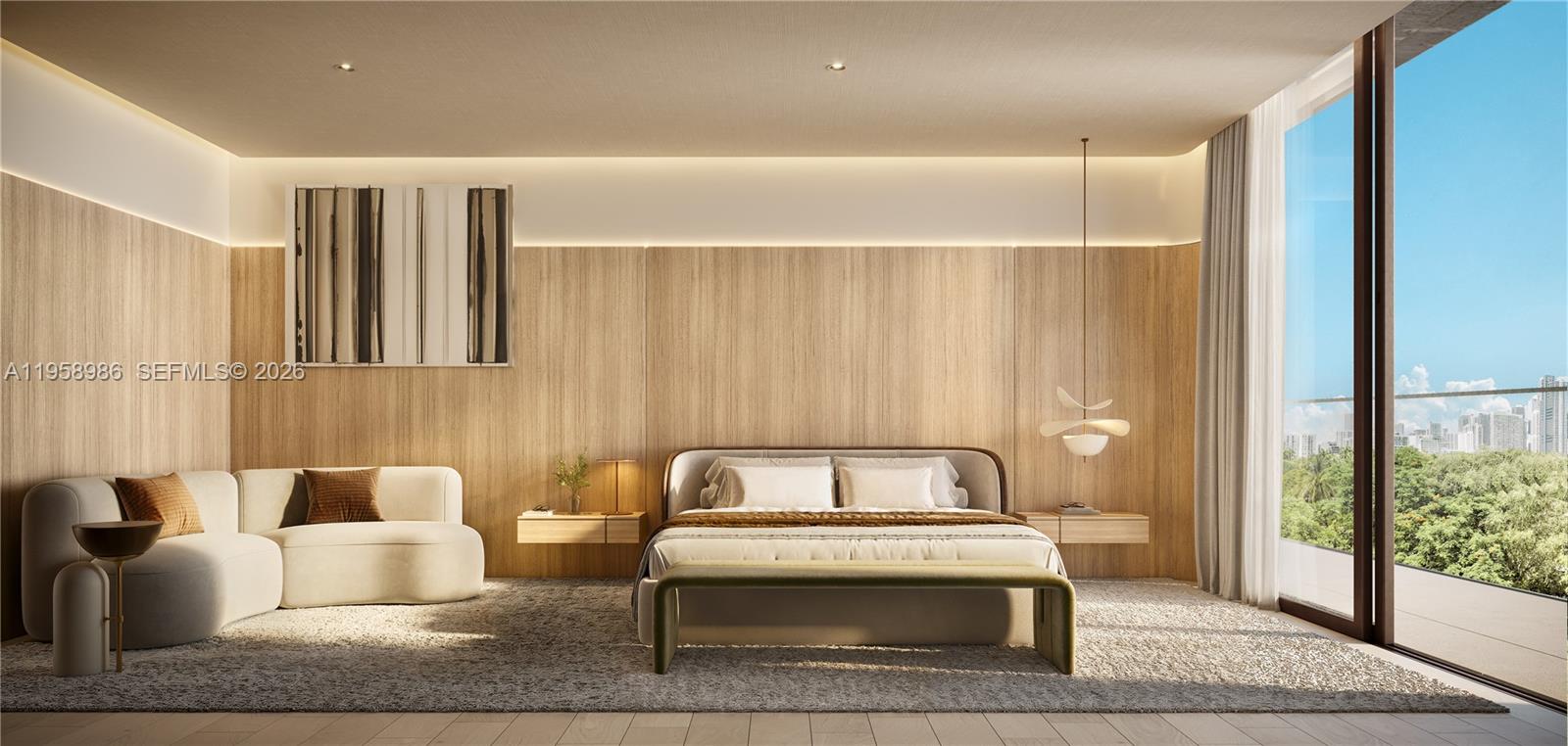 This rendering shows a modern bedroom with wood-paneled walls, a bed, and a sofa — 1880 Brickell Avenue # 27, Miami FL 33129, MIAMI, FL
