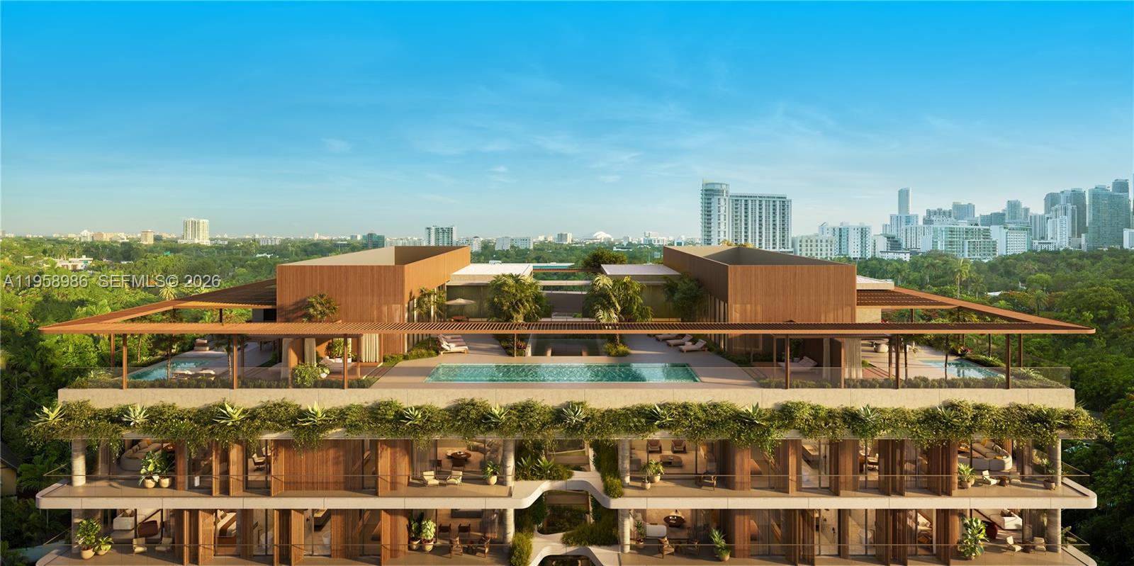 This architectural rendering shows the rooftop pool and terrace of a modern multi-story residential building — 1880 Brickell Avenue # 27, Miami FL 33129, MIAMI, FL
