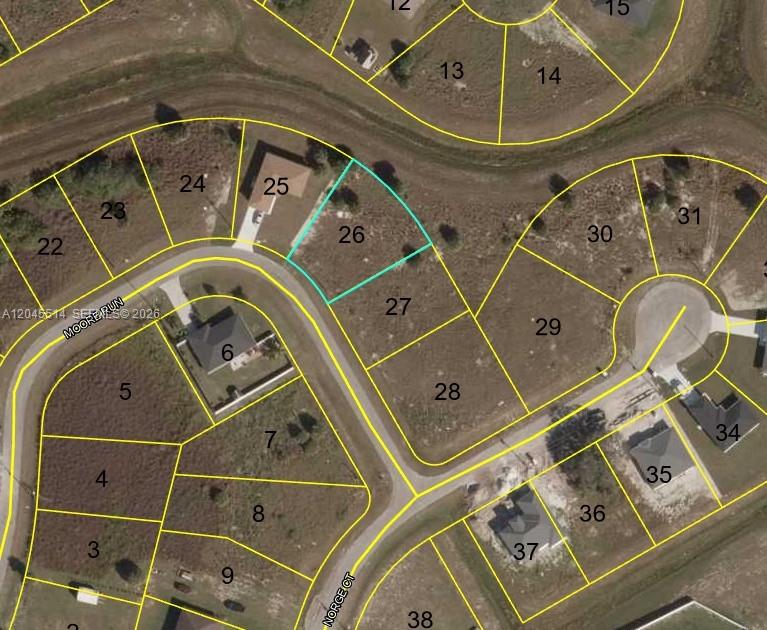 This is an aerial map showing residential lots and streets in a neighborhood — 0 Moore Run, La Belle FL 33935, LA BELLE, FL