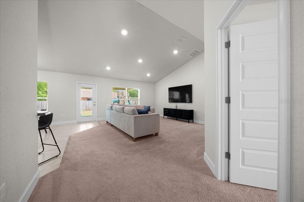 A living room features a vaulted ceiling, beige carpeting, and a sofa facing a television — 97 DOGWOOD DRIVE LOOP, OCALA, FL