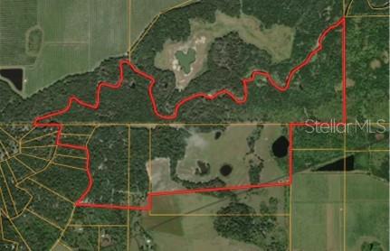 An aerial map shows a large, irregularly shaped parcel of land outlined in red — 7019 CROOKED CREEK LANE, ZOLFO SPRINGS, FL