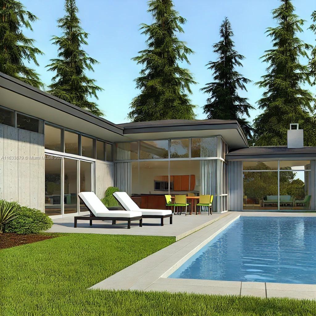 This architectural rendering shows a modern house exterior with a swimming pool and patio area — 6349 rise terrace, Sebring FL 33875, SEBRING, FL