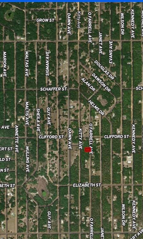 This is an aerial map showing a residential area with streets and a highlighted property — LOT 32 OFFARREL DRIVE, INTERLACHEN, FL