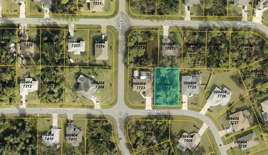 This is an aerial map showing residential property lot lines and street layouts — LOT 24 RENFRO AVENUE, NORTH PORT, FL