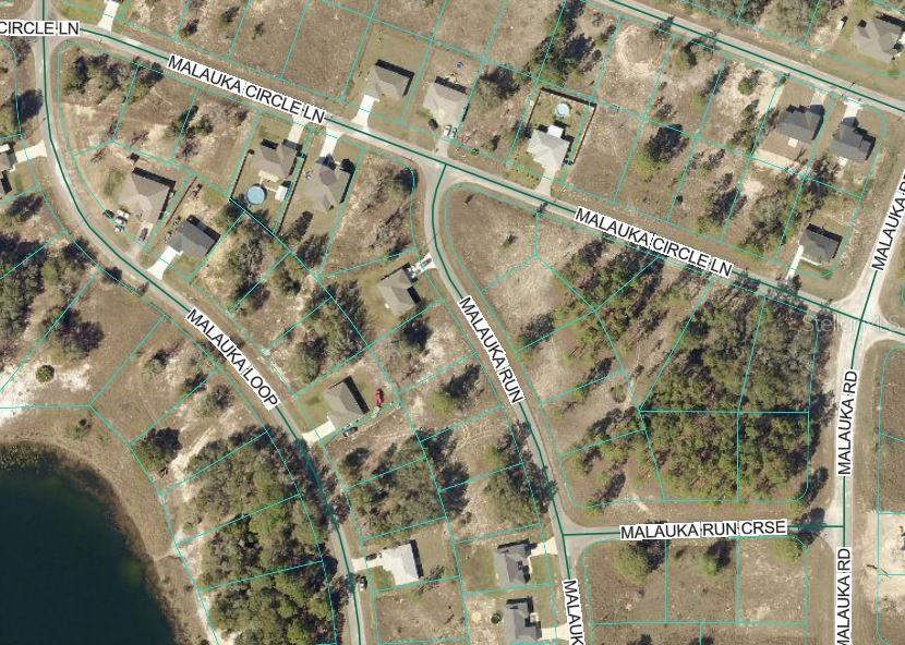 This is an aerial map showing residential lots, roads, and houses in a suburban neighborhood — MALAUKA RUN, OCKLAWAHA, FL