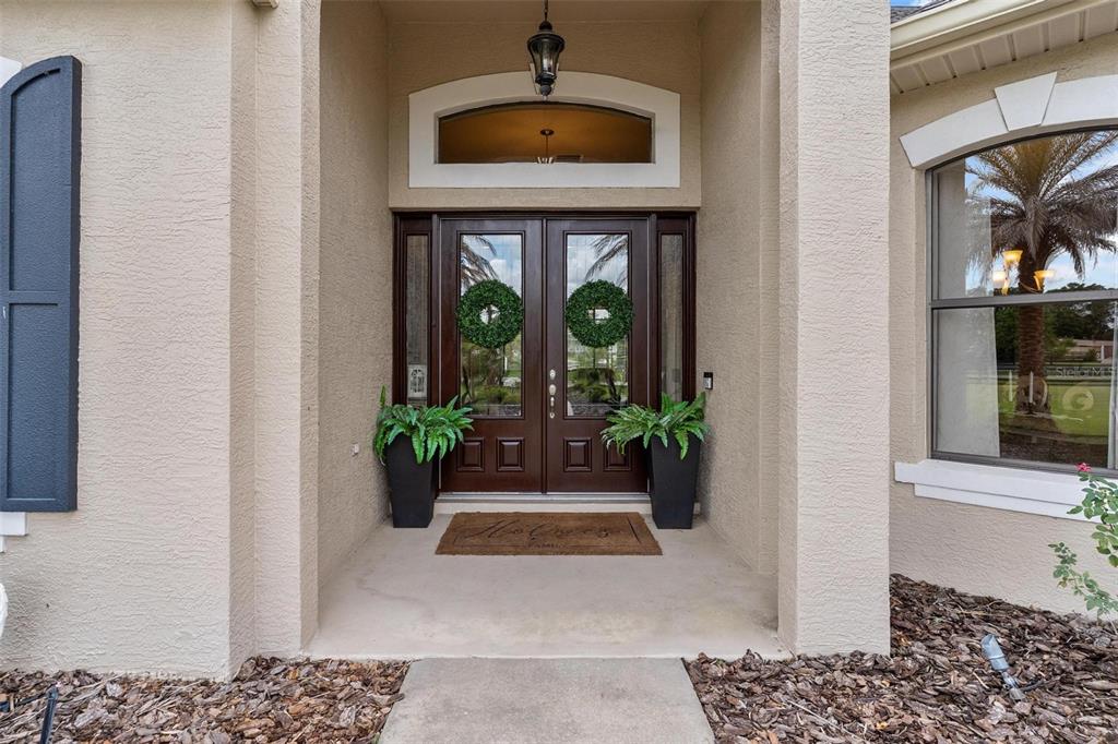 A front entryway features double dark wood doors with glass panels and two potted ferns — 2587 NE 108TH LANE, OXFORD, FL