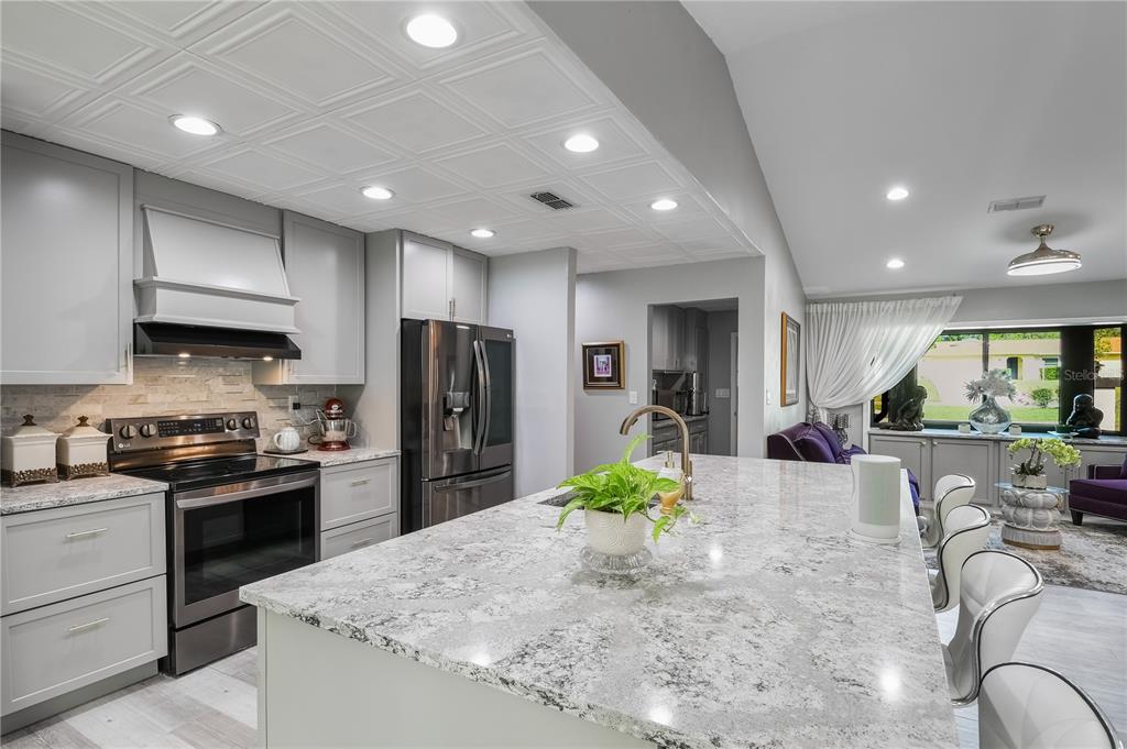 A modern kitchen features gray cabinetry, granite countertops, a large island, and recessed ceiling lighting — 2044 TUNISIA AVENUE, SPRING HILL, FL