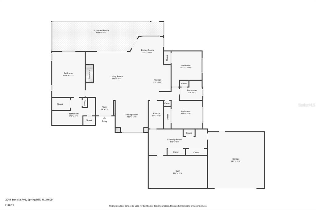This is a floor plan for a single-story house with a garage and screened porch — 2044 TUNISIA AVENUE, SPRING HILL, FL