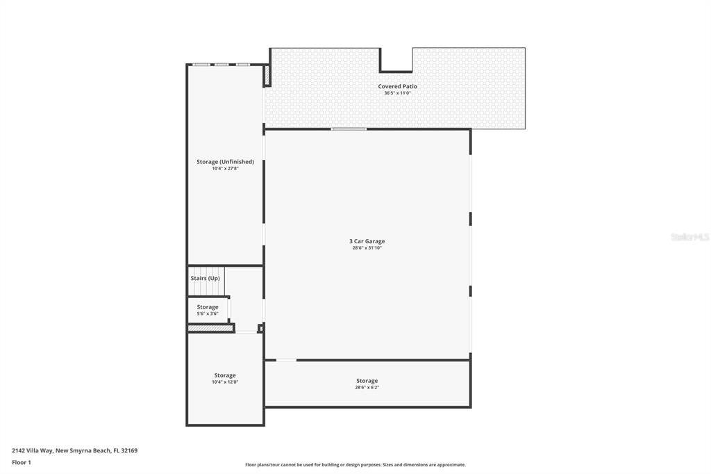This floor plan shows a three-car garage with multiple storage areas and a covered patio — 2142 VILLA WAY, NEW SMYRNA BEACH, FL