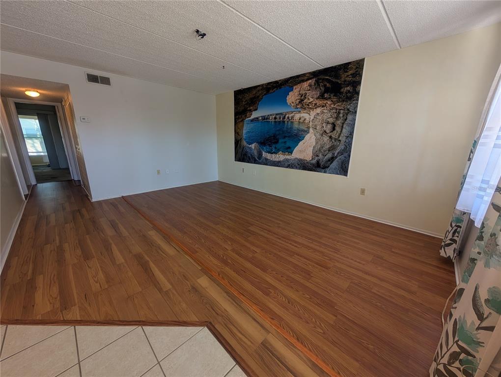 A living room features wood-look flooring, a large wall mural, and an adjacent hallway — 11620 PARK BOULEVARD UNIT 209, SEMINOLE, FL