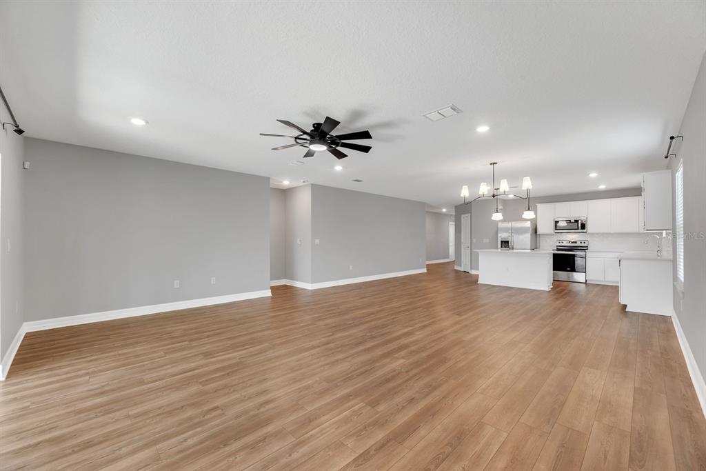 An open-concept living area features light gray walls, wood-look flooring, and a white kitchen — 9514 SUMMERS CAY CIRCLE, THONOTOSASSA, FL