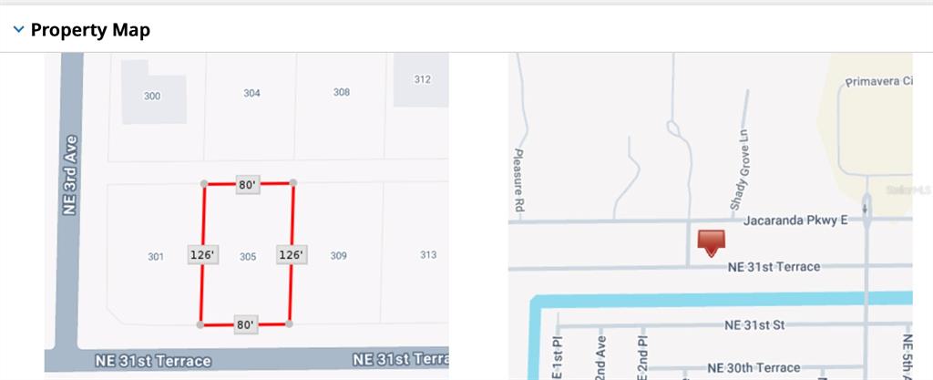 This image shows a property map displaying the dimensions of a rectangular land parcel — 305 NE 31ST TERRACE, CAPE CORAL, FL