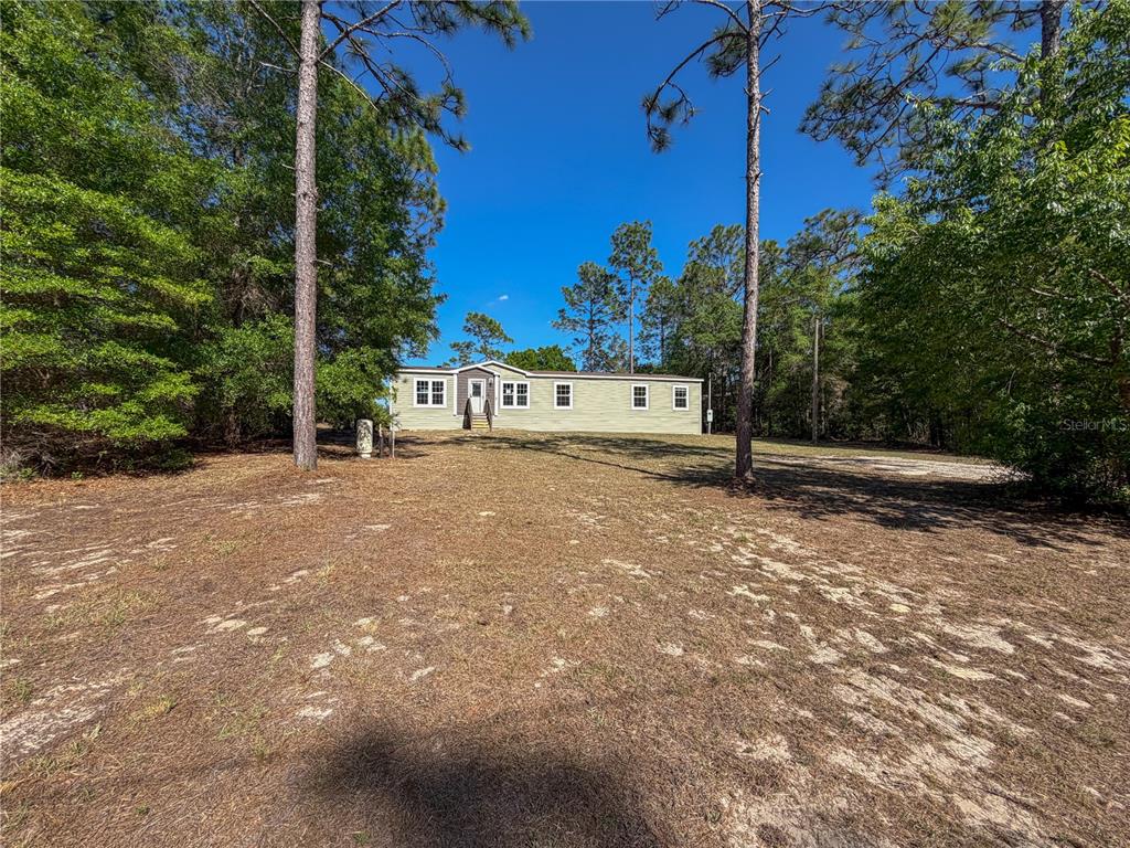 A light green manufactured home sits on a large, sandy lot surrounded by pine trees — 4497 NE 142ND AVENUE, WILLISTON, FL