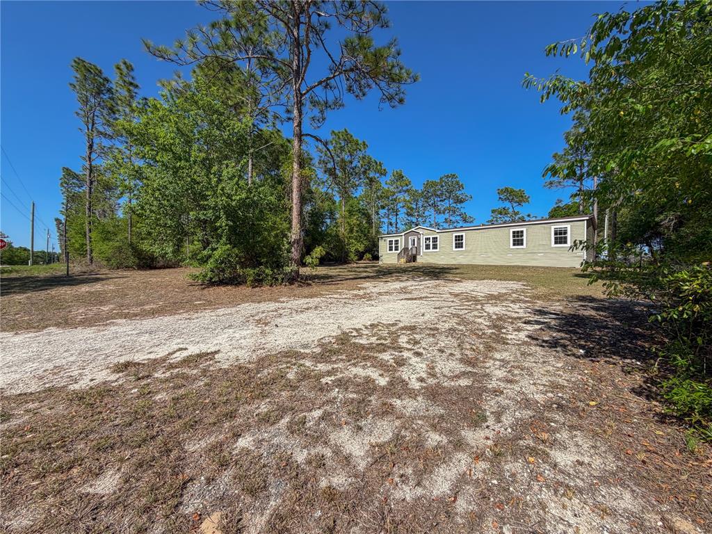 A light green manufactured home sits on a large, partially cleared lot with pine trees — 4497 NE 142ND AVENUE, WILLISTON, FL