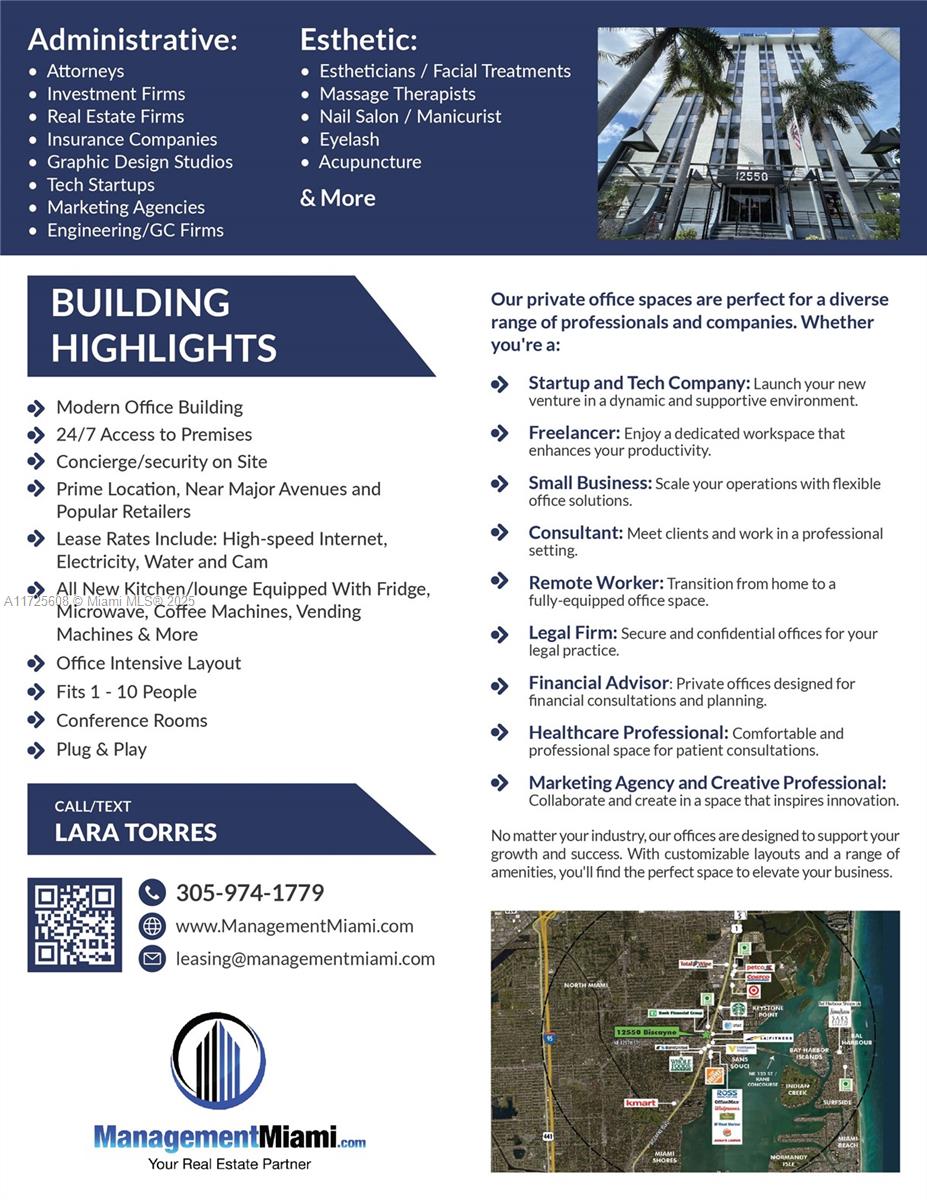 This flyer displays building highlights, contact information, and a map for a commercial office space — 12550 Biscayne Blvd # 15, North Miami FL 33181, NORTH MIAMI, FL