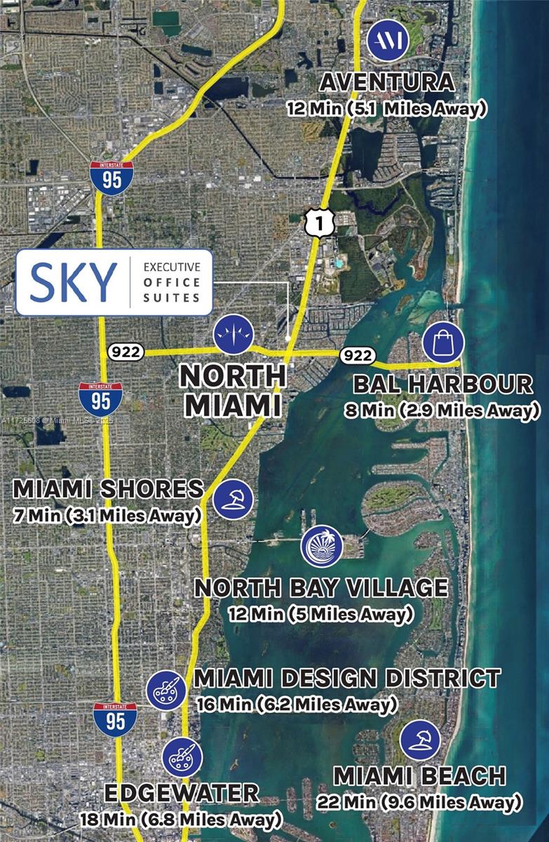 This map shows the location of Sky Executive Office Suites relative to nearby Miami-area destinations — 12550 Biscayne Blvd # 15, North Miami FL 33181, NORTH MIAMI, FL