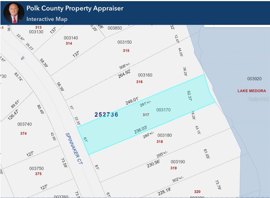 This is a property tax map showing parcel boundaries and dimensions near Lake Medora — 283 SPINNAKER COURT, AUBURNDALE, FL