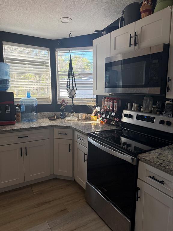 A kitchen features white cabinets, granite countertops, stainless steel appliances, and a corner window — 8602 TREASURE ISLAND ROAD, LEESBURG, FL