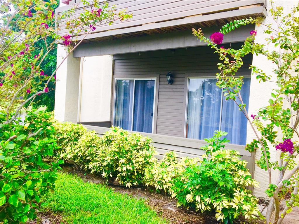 A ground-level patio with sliding glass doors, horizontal siding, and surrounding landscaping — 10263 GANDY BOULEVARD N UNIT 513, ST PETERSBURG, FL