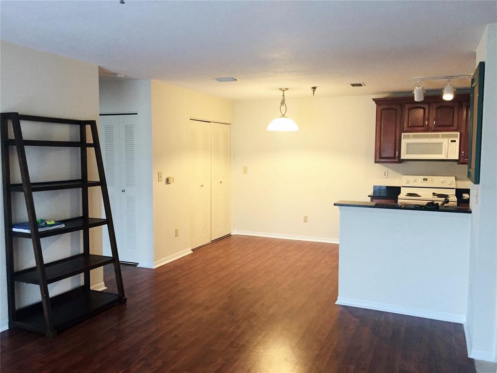 An open-concept dining area with wood-look flooring, a dark wood bookshelf, and an adjacent kitchen — 10263 GANDY BOULEVARD N UNIT 513, ST PETERSBURG, FL
