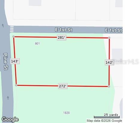 This is a map showing the property boundaries and dimensions of a rectangular land parcel — 801 E 1ST STREET, ENGLEWOOD, FL