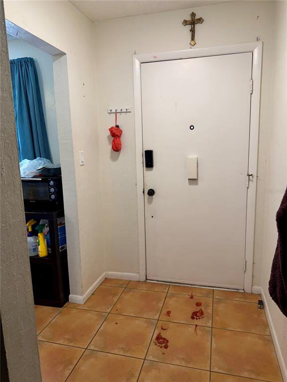 An entryway features a white door, a wall-mounted crucifix, and footprints on the tiled floor — 8703 BARDMOOR BOULEVARD UNIT 102, SEMINOLE, FL