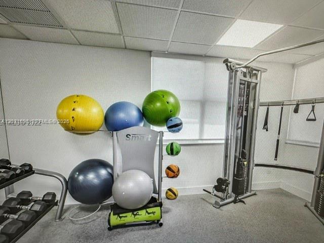 This home gym features various exercise balls, a cable machine, and a rack of dumbbells — 1420 Brickell Bay Dr # 1107C, Miami FL 33131, MIAMI, FL