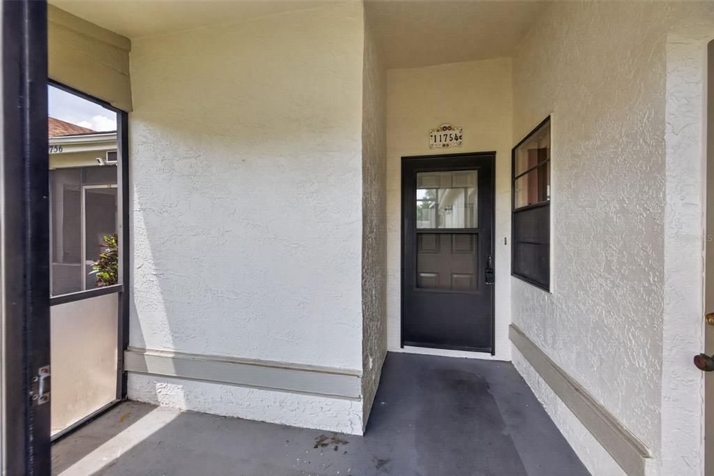 A covered entryway features a dark screen door, a textured white wall, and gray flooring — 11754 SPRING TREE LANE, PORT RICHEY, FL