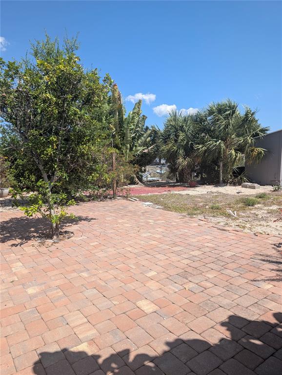 A paved patio area sits in front of a yard with trees and palm plants — 1273 KINGFISHER DRIVE, ENGLEWOOD, FL