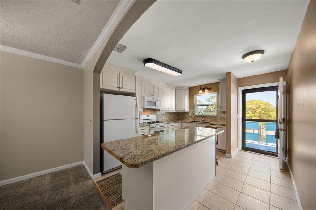 A kitchen with white cabinets, granite countertops, a breakfast bar, and a glass-paned exterior door — 5970 80TH STREET N UNIT 411, ST PETERSBURG, FL