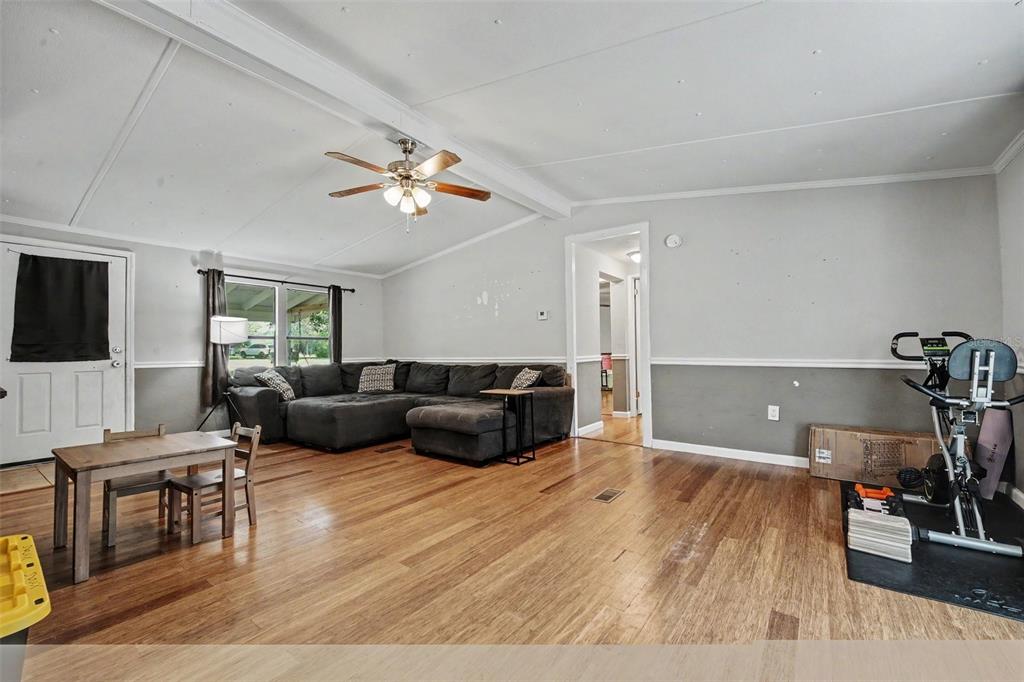 An aerial view shows a single-story house with a deck surrounded by trees and grass — 173 PLANKTON AVENUE, MIDDLEBURG, FL