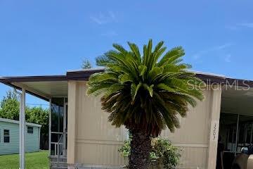 A large palm tree stands in front of a tan mobile home with a screened porch — 3203 BIRKDALE DRIVE, HOLIDAY, FL