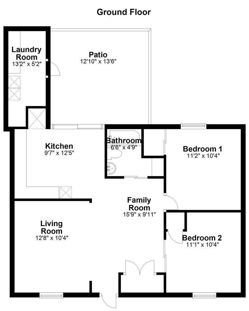 This is a floor plan of a ground floor featuring two bedrooms, a bathroom, and patio — 4619 Gladiator Circle, FL 33463, FL