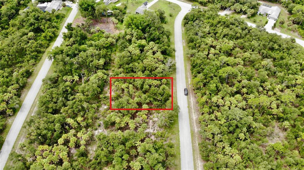 An aerial view shows a rectangular plot of land outlined in red amidst dense vegetation — 3144 MATHEW STREET, PORT CHARLOTTE, FL