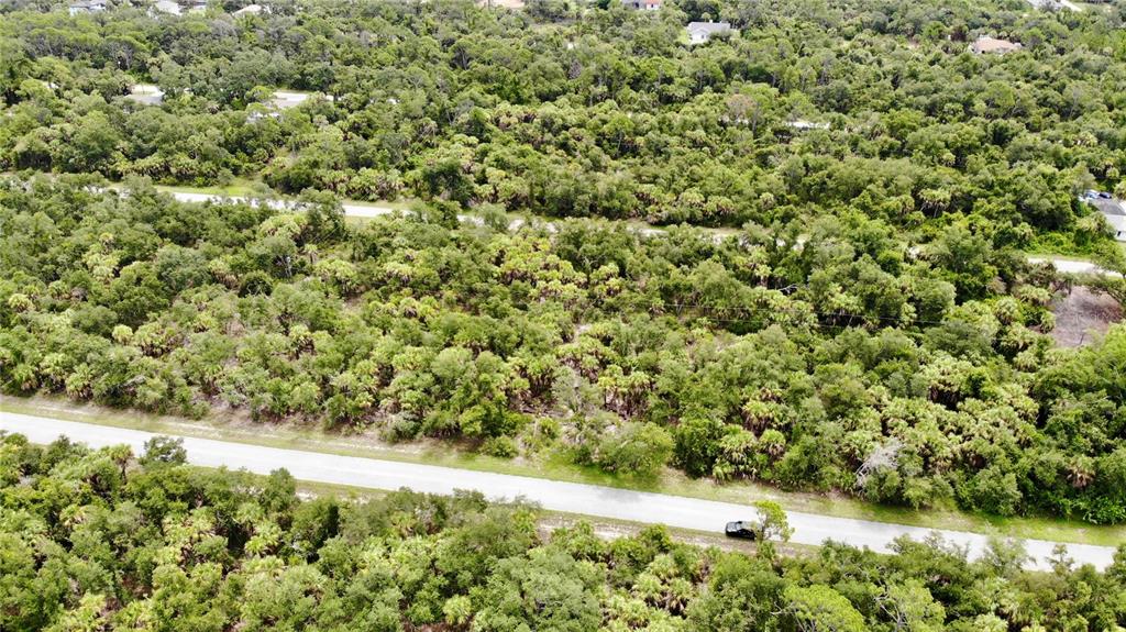 An aerial view shows a paved road running through a dense, wooded residential area — 3144 MATHEW STREET, PORT CHARLOTTE, FL