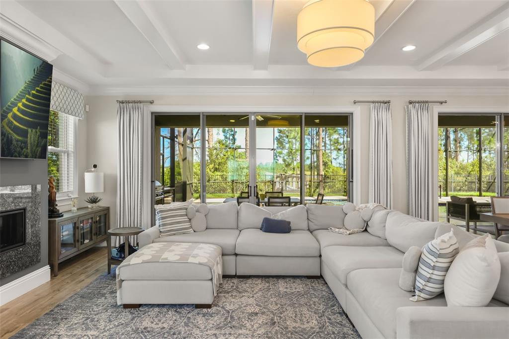 A living room features a large sectional sofa, a fireplace, and sliding glass doors to a patio — 9056 MORGANA COURT, WINTER GARDEN, FL