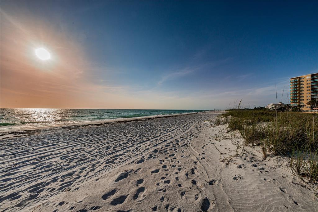 A sunny beach with white sand, dune grass, and a tall building in the distance — 880 MANDALAY AVENUE UNIT S202, CLEARWATER, FL