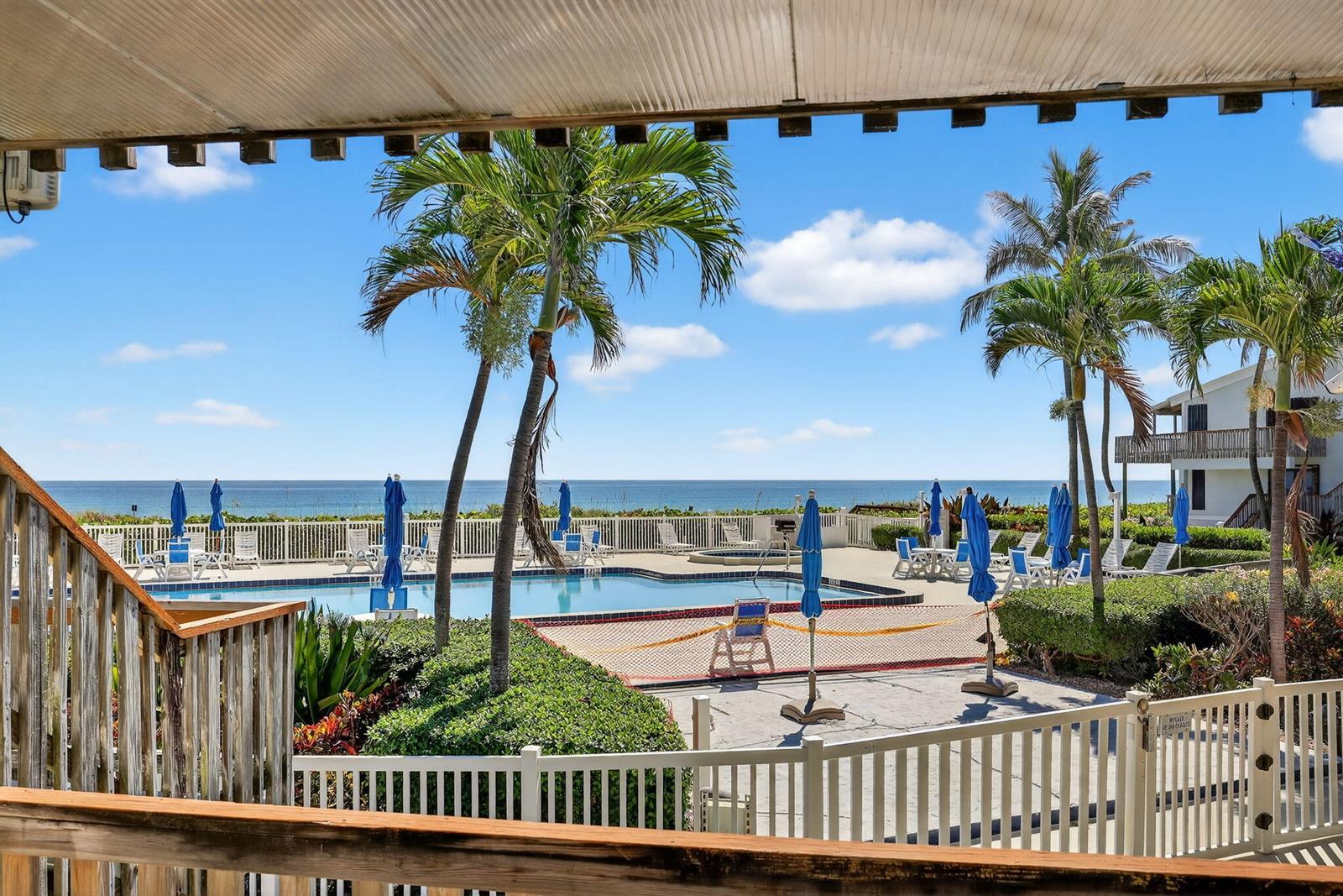 A view from a balcony overlooking a swimming pool, palm trees, and the ocean beyond — 2355 NE Ocean Boulevard # 17a, Stuart FL 34996, STUART, FL