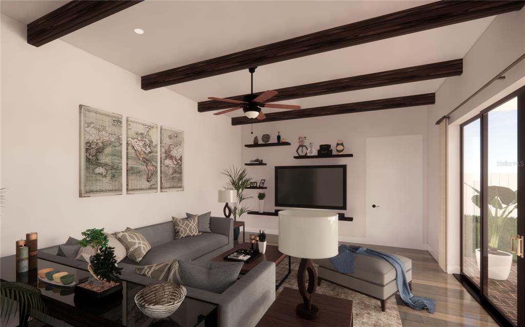 This rendering shows a living room with exposed ceiling beams, a sofa, and a television — 370 JEFFERSON STREET, SAFETY HARBOR, FL